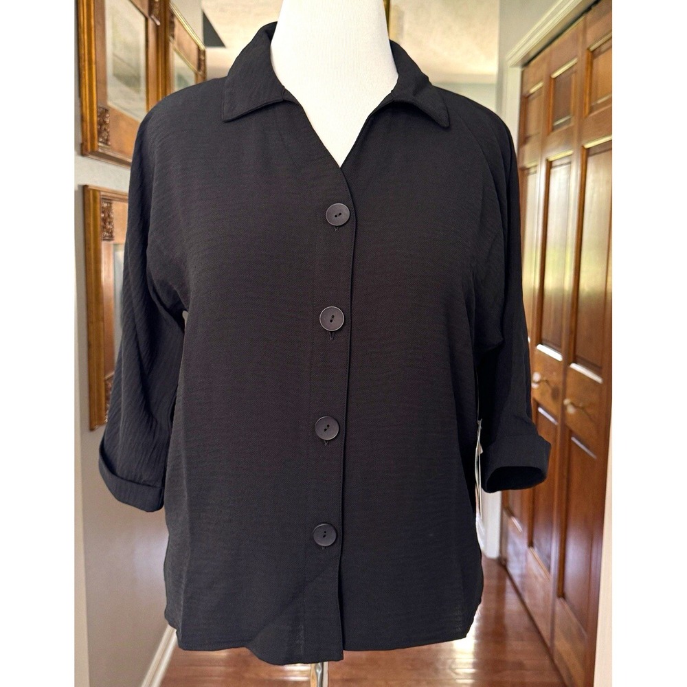 Multiples Women's Black Collared Button-Up 3/4 Sleeve Blouse XS Essentials NWT
